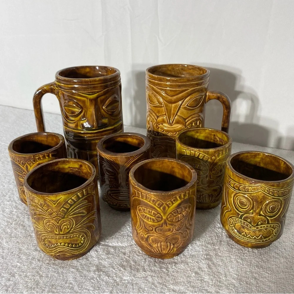 Vintage Japan Handmade Ceramic Tiki Drink Ware Set Pottery Art Decor Set Of 8
